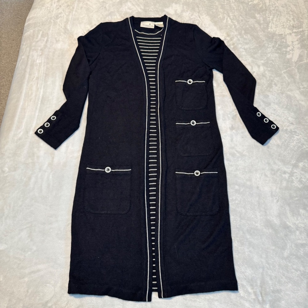 Liz Claiborne Black Striped VTG Longline Cardigan Sweater Dress Women's Size M